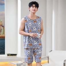 Vezri 남성 여름 시원한 무소매 잠옷 세트 스트라이프 패턴 면 소재 통기성 좋음 편안한 착용감
