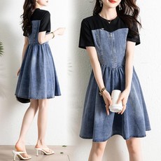 Cwadun 여사 높은 허리 슬림 가짜 투피스 데님 원피스