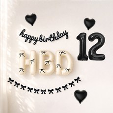해피제이니 HBD 이니셜 생일 호일풍선 블랙 리본 생일가랜드 파티용품 세트, 1세트, 크림풀세트 숫자12