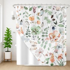 Nesphy 샤워 커튼 및 라이너 세트 수채화 플라워 세이지 그린 꽃 식물 라이너 양면 스테인리스 스틸 후크 욕실용 3-in-1 방수 원단 182.9 x 182.9cm(, 수채화 꽃무늬