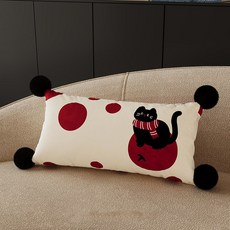 빨간색 쿠션 거실 소파 장식용 사각형 탈부착 가능한 베개 커버, 양면 패턴 35X35cm(베개 커버는 속통 미포함), 땡땡이 도트 무늬 고양이(긴 막대 모양) 검은 털 공