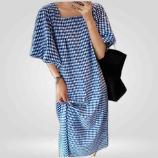 LETEO-CTB 여성 여름 체크 반팔 루즈 오버 핏 롱 원피스 여름하객룩 반팔원피스 블루 결혼식하객룩