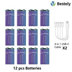 멀티미터마이크 6F22 9V 배터리 USB-C 충전 강력한 충전식 리튬 9800mAh 연기 감지기, 6)12 PCS Batteries