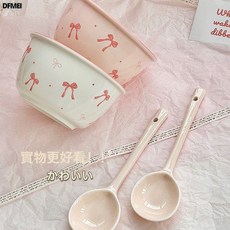 DFMEI 釉下彩碗碟套裝家用高顏值陶瓷餐具四件套情侶碗筷套裝米飯碗勺子, 1個, 4.5寸碗+扭扭勺-白色蝴蝶結+粉色蝴蝶結-1個裝, 參考詳情