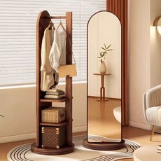 원목 전신거울 북유럽 스탠드 회전 선반 옷걸이 전신 달린 코트행거 드레스룸 미니 코트랙, 더블 라운드 스타일 36x166