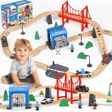 TOY Life Wooden Train Set for Toddlers 2-4 56PCS Police Station Train Toys with Wooden Train Trac