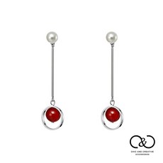 【C&C】小圓球紅瑪瑙搖曳耳線(925銀抗敏)_E-CC-Y068, 1個