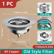 막힘 방지 싱크대 음식물 거름망 바구니 스트레이너 범용 마개 304 스테인리스 스틸, 01 China Mainland, 02 Old Style Copper