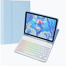 NUWONAYA 갤럭시 탭 S10 라이트/ FE/ S9 FE/S9/S8/S7용 키보드 케이스 슬림 경량 7가지 색상 레인보우 백라이트 탈착식 마그네틱 커버 S펜 홀더 포함, Galaxy Tab A8, 스카이 블루 + 화이트