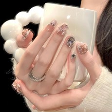 DFMEI 純手工穿戴甲爆閃甜粉小熊少女心輕奢風重工蝴蝶結顯白美甲可拆卸, 1個, 1g, 粉霜小熊:XS