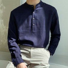 THEMANSHIP Cool 亞麻亨利領長袖捲起襯衫 SBTST12004