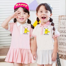 【100%精棉】兒童皮卡丘裙子 寶可夢童裝 皮卡丘連衣裙 女童學院風百褶短袖