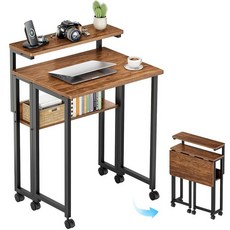 Greenforest GreenForest 조절 가능한 모니터 스탠드 및 보관 선반이 있는 접이식 책상 바퀴가 달린 63cm(24인치) 소형 작은 공간을 위한 모바일 롤링 테, Walnut