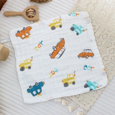六層紗布口水巾 柔軟吸水、多用途寶寶手帕、兒童洗臉巾、幼兒園必備 52-藍橘小汽車【30*30], 1個, 52-藍橘小汽車【30*30】, 白色
