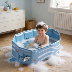 婴儿折叠浴盆大号0-5岁儿童折叠浴桶 宝宝戏水池新生儿一体洗澡盆, 板材折叠浴盆【蓝色鲨鱼款】:78*45*25cm