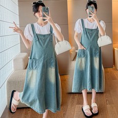 임산부 세트 봄 여름 캐주얼 임부 멜빵 끈나시 원피스 반팔 티셔츠 투피스 세트 기질 임부복 JZZN