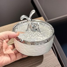 創意菸缸高級感陶瓷菸灰缸帶蓋防飛灰家用客廳輕奢高顏值ins奶油, 1個, 銀邊簡奢白配水波紋蓋:如圖