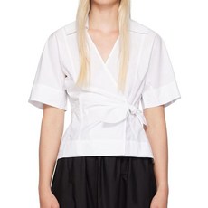 SUN 선캡NOW 여성용 화이트 랩 블라우스 셔츠 브이넥 스프레드 칼라 셀프 타이 벨트 긴소매 상의 화이트. L 120760