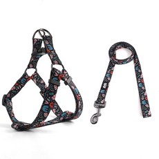 QQPET 펫S 강아지 하네스 목줄 세트 조절 가능한 튼튼한 당김 없는 홀터 소형 중형 대형견 등 클립 비틀림 방지 산책에 적합 (S(가슴 둘레 35.6-50.8cm(14-20, 글자 꽃무늬