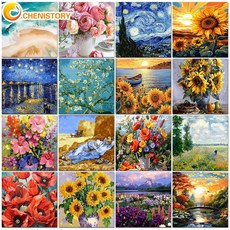 숫자로 CHENISTORY 반 고흐 그림 캔버스에 유화 DIY 키트 숫자로 아크릴 페인트 꽃 색칠 홈 장식 선물, 1개, 991023 20x30cm 프레임 없음