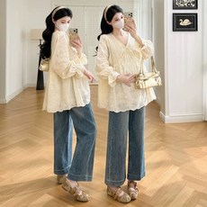 임산부 셔츠 봄 가을 임부 긴팔 상의 빅사이즈 루즈핏 펀칭 블라우스 임부복 긴팔 캐주얼 데일리 룩 JS