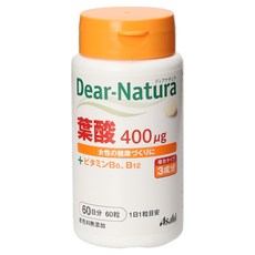 Asahi 朝日 Dear Natura葉酸400mcg&維他命B6&B12補充錠, 1個, 60片