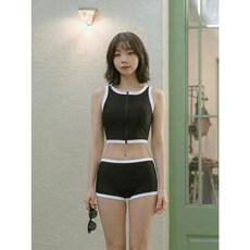 黑色滾邊拉鍊運動風泳衣, 黑色