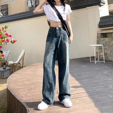 藍灰色直筒寬鬆牛仔褲女2026春秋季新款高腰顯瘦小個子闊腿長褲子