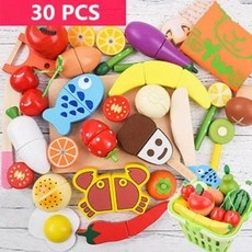 나무 절단 요리 음식 장난감 세트 자기 야채 과일 주방 키트 선물, 30 PCS