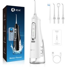 R REVA 구강세정기 물칫솔 물치실 치아 잇몸 및 교정용 무선 치과용 물 치실 - 전기 구강 관개기 310ML 4가지 모드 충전식 제트 팁 4개 스마트 메모리 360° 노즐, White, 화이트.