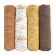 SwaddleDesigns 남아 및 여아용 면 모슬린 포대기 담요 4개 세트 신생아 베이비 레지스트리 선물을 위한 뉴트럴 속싸개 116.8 x 116.8cm46 46인치, Watercolor Sunny Days