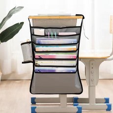 學生課桌側邊掛書袋 大容量收納袋, 簡約灰6層 - 福利款不帶繞桌綁帶