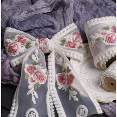 꽃 자수 플라워 레이스 리본 85mm 리본공예 부자재 재료 90cm, 1개, 아이보리