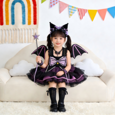 블랙 퍼플 데빌 고양이 롤리타 세트 날개+마법봉 포함 아동 할로윈 코스튬