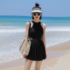 DIU 性感連體泳衣女純色氣質遮肚顯瘦裙式保守泡溫泉學生超仙ins泳裝, S(70-90斤)
