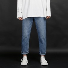 男士9分錐形修身半寬鬆牛仔褲