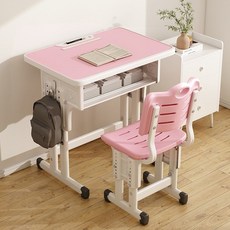 어린이 책상 학습 테이블 간단한 소년과 어린이 숙제 테이블 집에 들어 올릴 수있는 초등학생 책상과 의자 세트, 두꺼운데스크탑65X45핑크테이블+의자