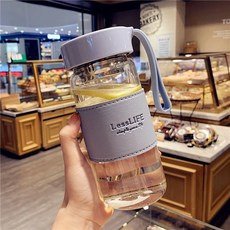 簡約杯子 加厚大容量韓版可愛玻璃杯 男女高顏值防燙簡約新款ins便攜泡茶杯, 藍色480ml+皮套+茶漏+杯刷, 1個