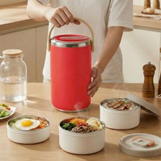 마술사 대용량 스텐 보온도시락 분리형 전자레인지 도시락, 1세트, 2600ML 3단 레드
