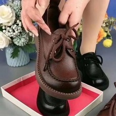 復古綁帶圓頭軟皮樂福鞋女平底舒適防滑牛筋底休閒單鞋