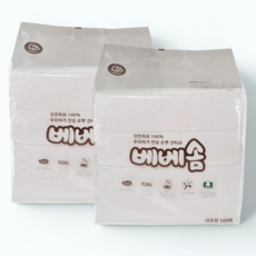 베베솜 목화 건티슈 비건 무표백 순면 플레인 아기 물티슈, 55g, 500매, 2개
