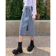 Yellwell 트임 하이웨이스트 여성 미디 데님 스커트 봄여름 DJP