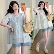 임산부 반팔 셔츠 캐주얼 프렌치 펀칭 자수 반팔 블라우스 여름 임부복 반팔 상의 JS