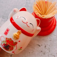 日式招財貓牙籤罐 家用牙籤筒 聚寶財黃色 - 現貨快速出貨, 1個