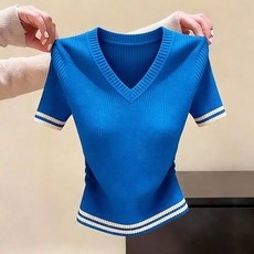 로르카 여성 브이넥 골지 반팔 슬림핏 배색소매 니트티