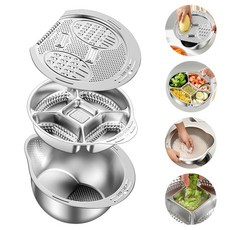 콜콜러브 다기능 야채 채썰기 304 스텐 강판기 쌀 세척볼 마늘 으깨기 도구 만능채칼 3 in 1 대용량 과일 야채탈수기 주방용 슬라이서 감자 채칼, 1세트, 실버