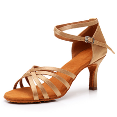 댄쓰얼랏 라틴댄스화 소프트힐 사교댄스 여성 댄스스포츠화 신고 벗기 편한 U자 고리 타입, 7CM, 220, 격자형 브라운