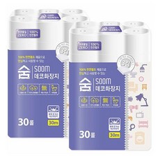 숨 100% 천연펄프 3겹 화장지(30m 30롤 x 2팩) 총 60롤, 30m, 30개입, 2개
