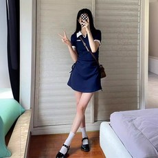 투니스 여성 폴로넥 슬림 웨이스트 미니 반소매 원피스