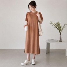 베이직한 디자인 깔끔한 라운드넥 무지 반팔 롱원피스